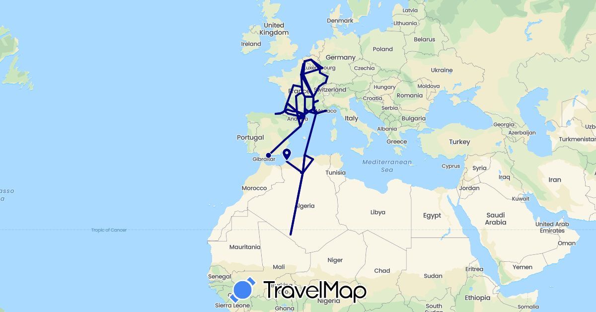 TravelMap itinerary: driving in Andorra, Belgium, Germany, Algeria, Spain, France, Luxembourg, Monaco (Africa, Europe)